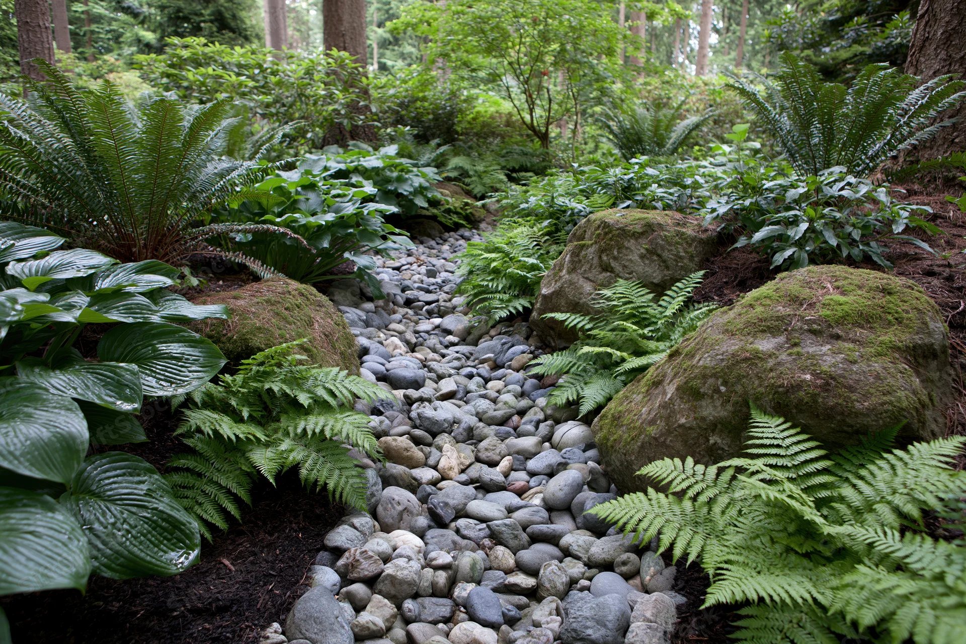 Winding stone path through lush ferns and moss-covered rocks in a forest garden