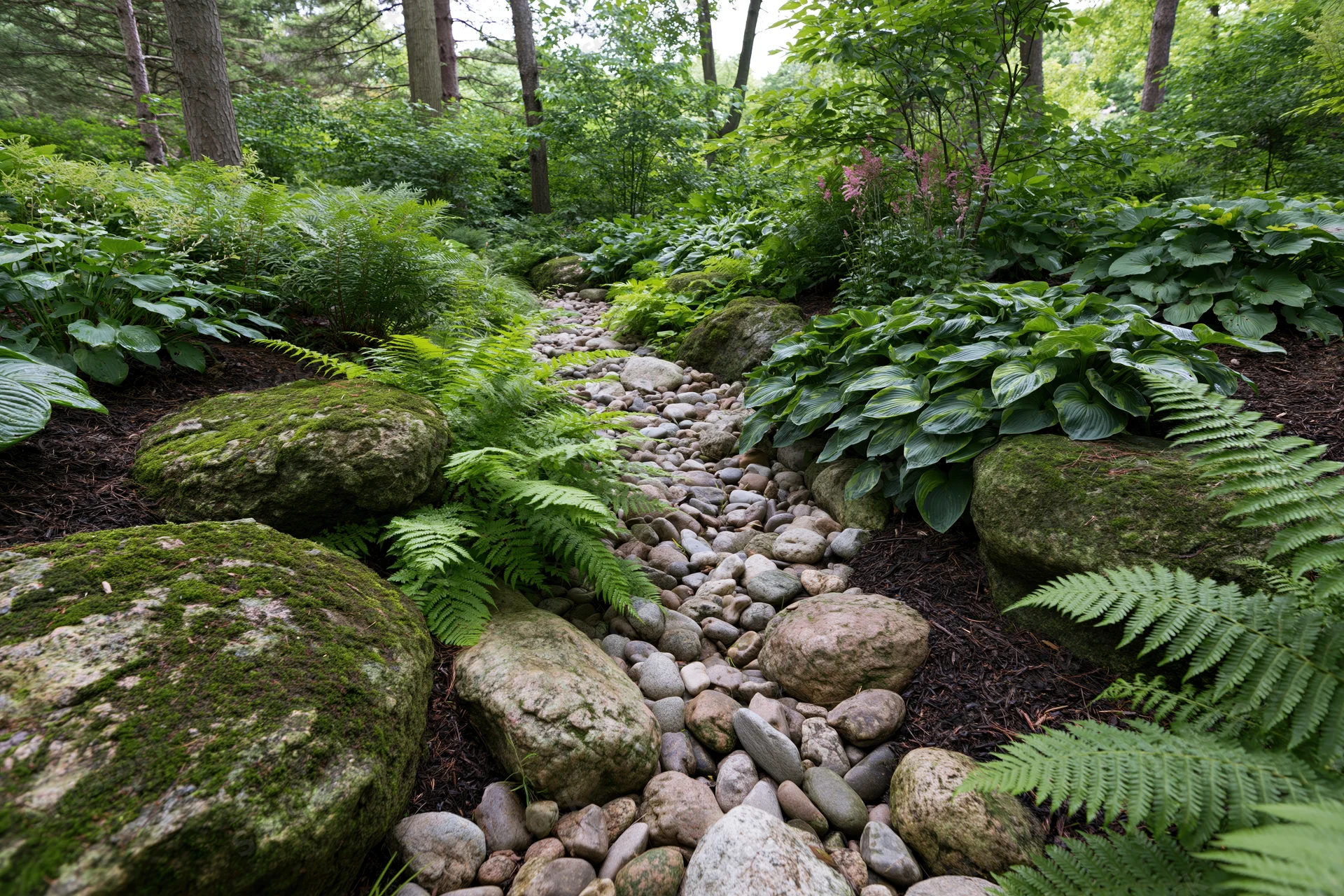 Winding stone pathway through lush green garden with ferns and moss-covered rocks