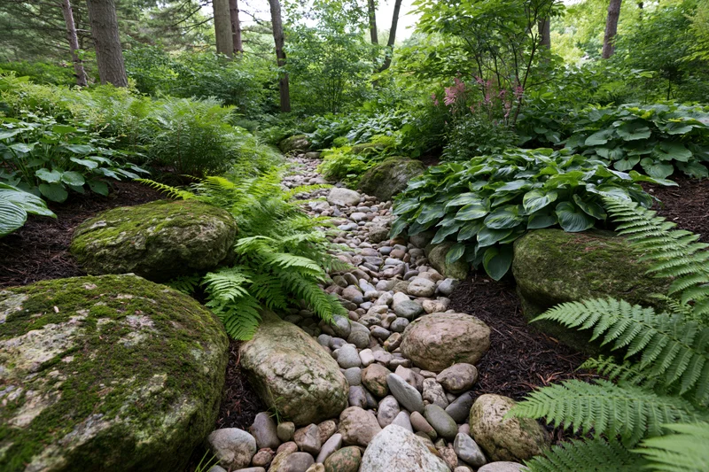 Winding stone pathway through lush green garden with ferns and moss-covered rocks