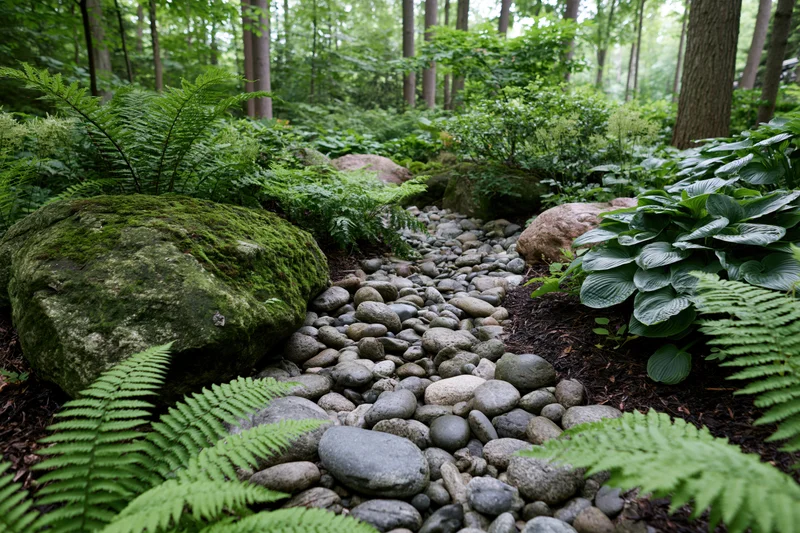 Winding stone pathway through lush green garden with ferns and moss-covered rocks in forested area