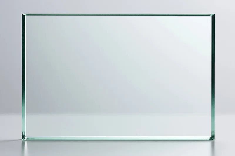 Clear tempered glass sheet standing upright on white surface
