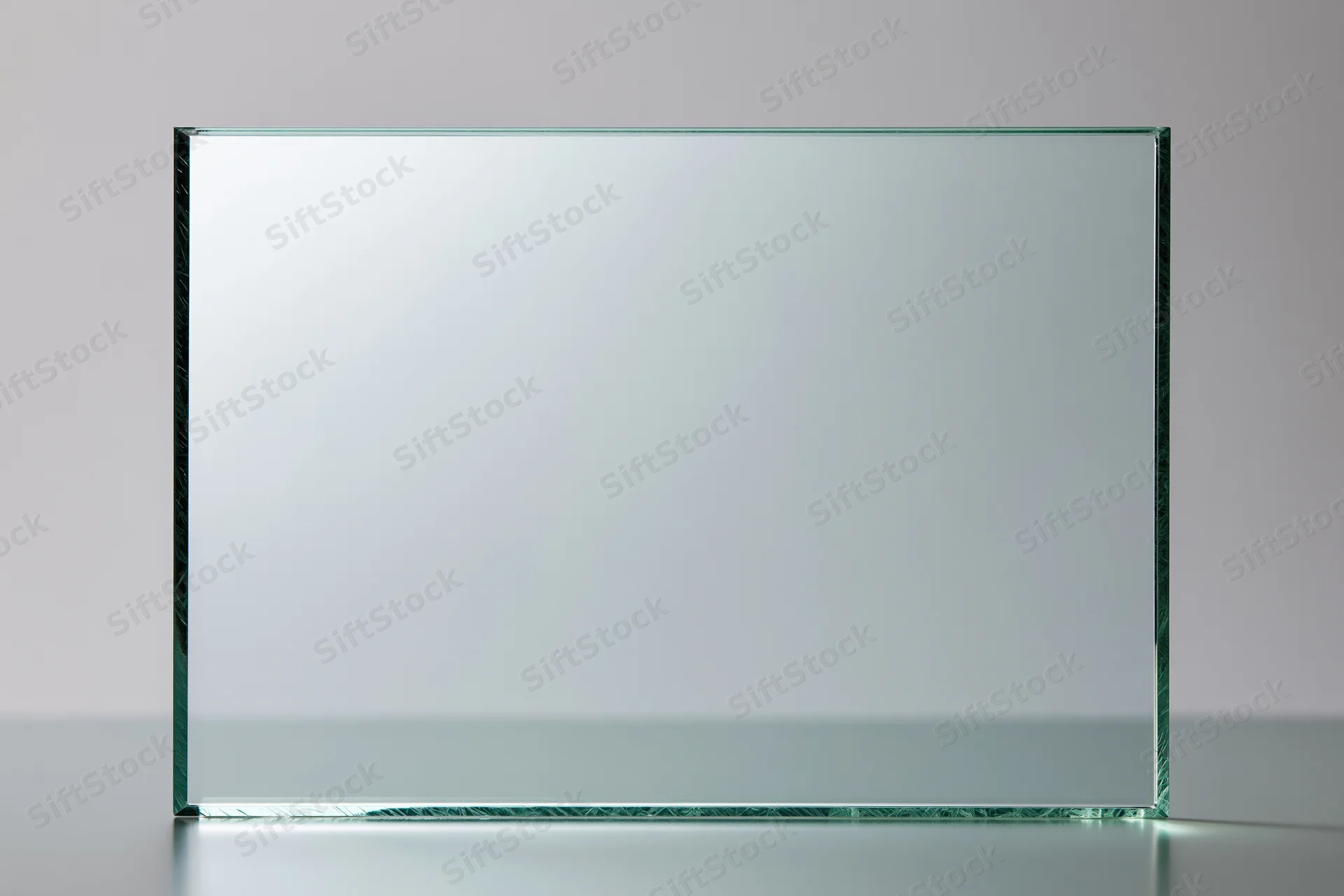Clear tempered glass sheet standing upright on a reflective surface