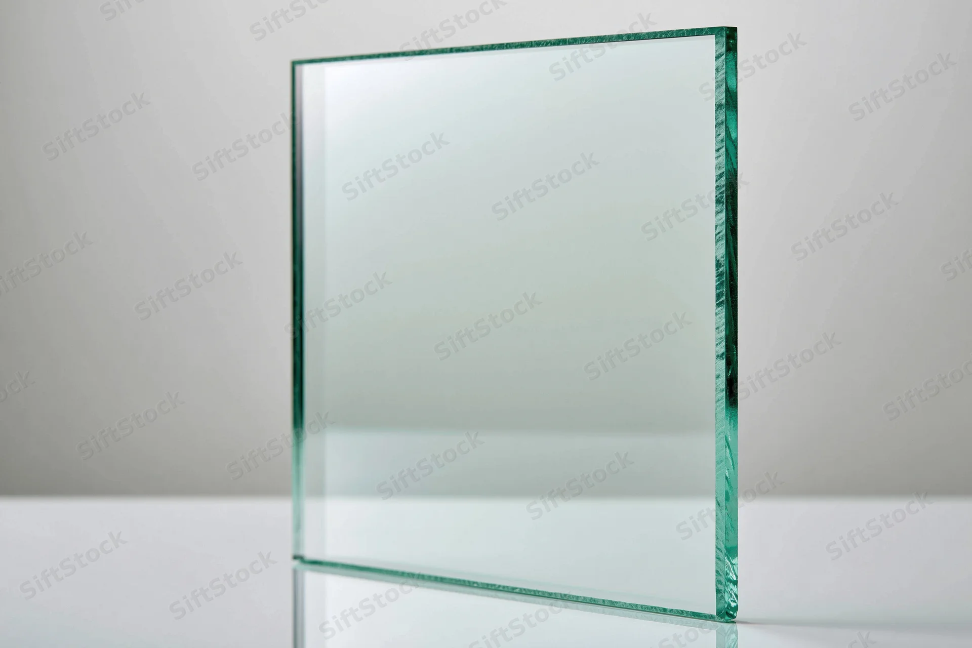 Square sheet of clear tempered glass standing upright on white surface
