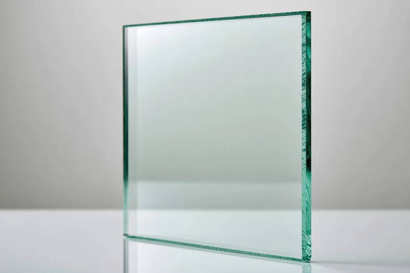 Square sheet of clear tempered glass standing upright on white surface
