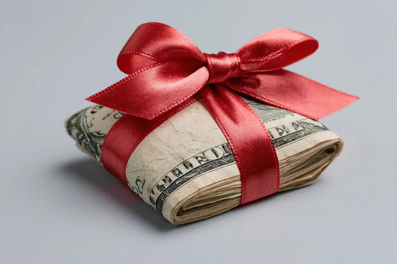 Folded stack of us dollar bills tied with a red satin ribbon on a plain surface
