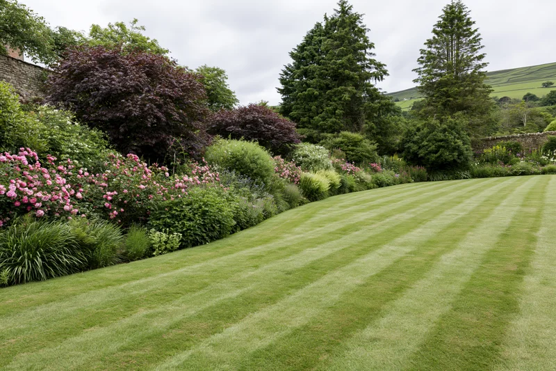 Striped mown lawn in a formal english country garden with flowering shrubs and trees
