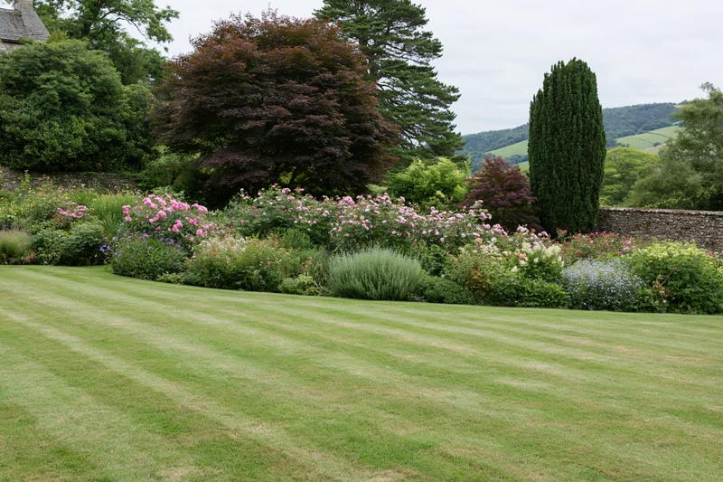 Striped mown lawn in a formal english country garden with flower borders and stone walls