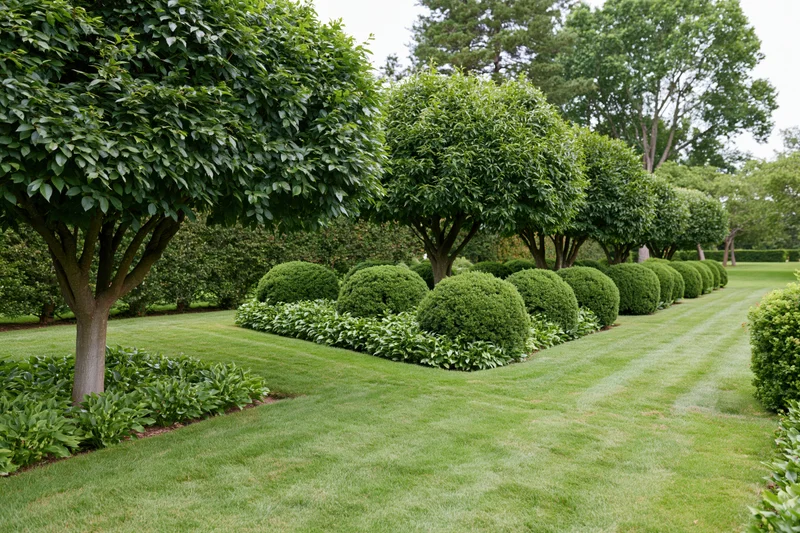 Formal garden with standard-trained trees and rounded shrubs arranged symmetrically along a manicured lawn
