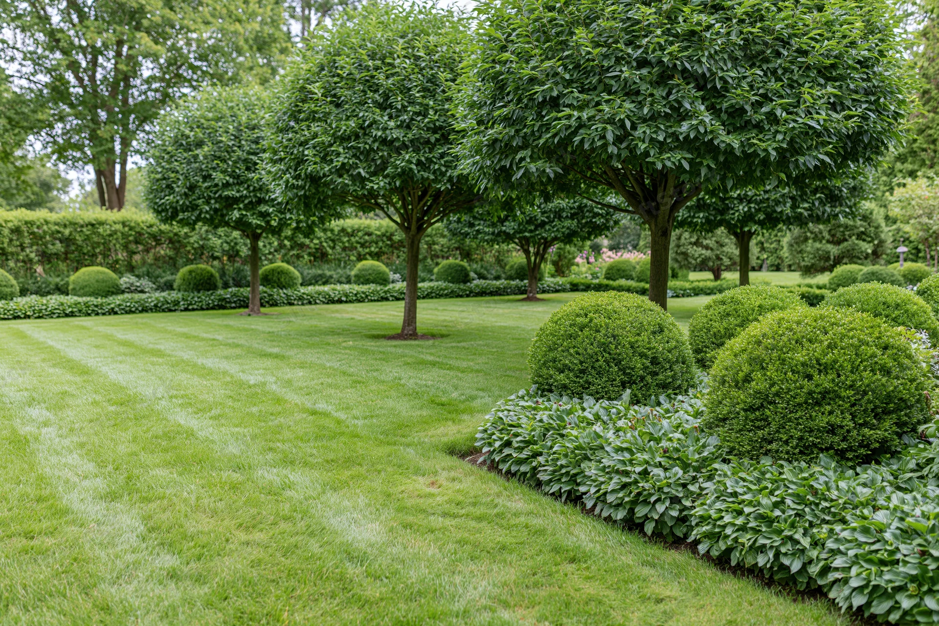 Formal garden with striped lawn and standard-trained trees surrounded by topiary shrubs and hedges