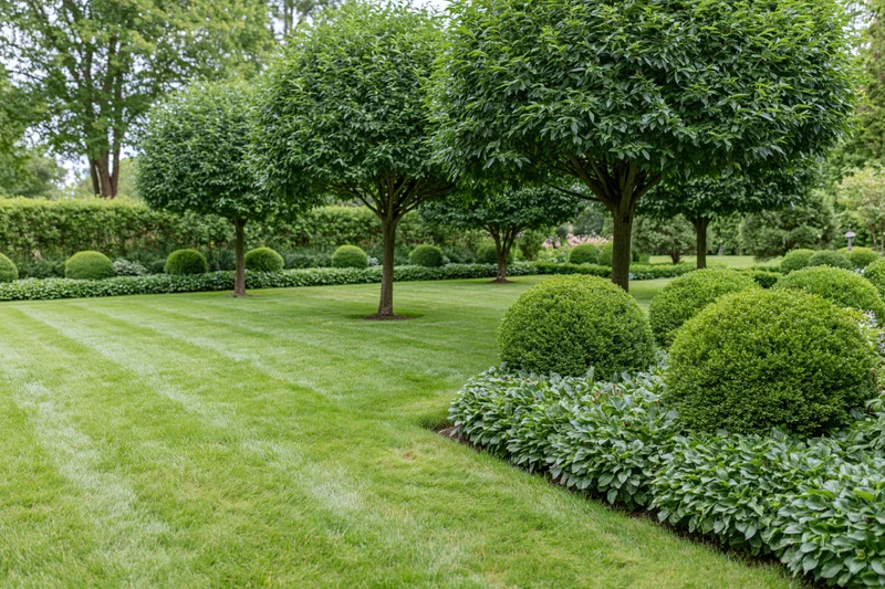Formal garden with striped lawn and standard-trained trees surrounded by topiary shrubs and hedges