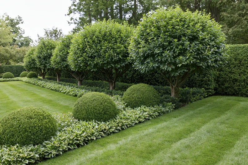 Formal garden with standard-trained trees and manicured hedges arranged in symmetrical rows along a striped lawn