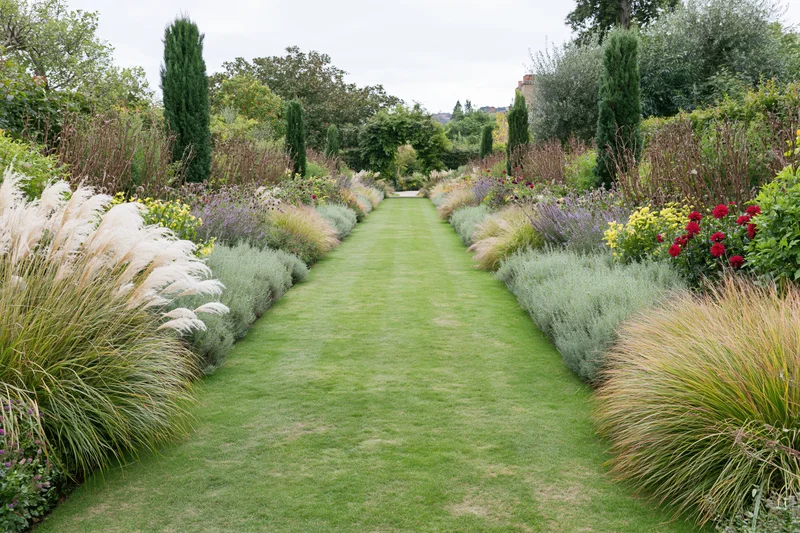 Formal garden path of trimmed green lawn stretching toward the horizon, bordered by ornamental grasses, shrubs and flowering plants