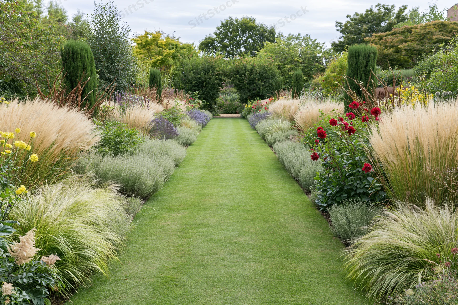 A formal garden path of trimmed green lawn stretching toward the horizon, flanked by symmetrical rows of ornamental grasses, shrubs, and flowering plants