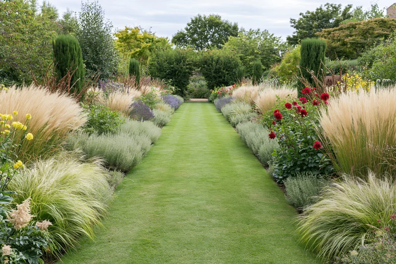 A formal garden path of trimmed green lawn stretching toward the horizon, flanked by symmetrical rows of ornamental grasses, shrubs, and flowering plants