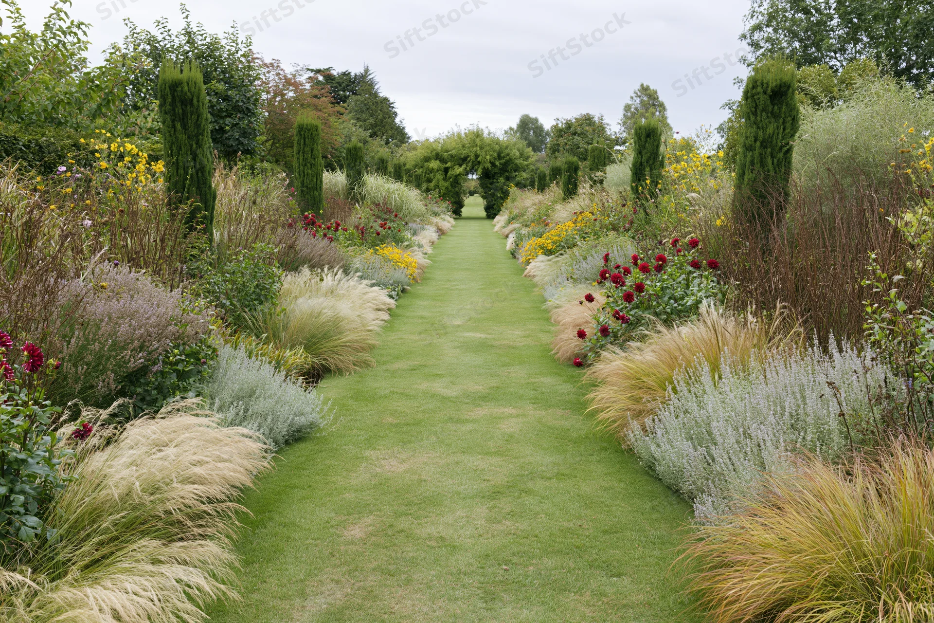 Formal garden path of trimmed green lawn stretching toward a hedge arch, flanked by ornamental grasses and flowering plants