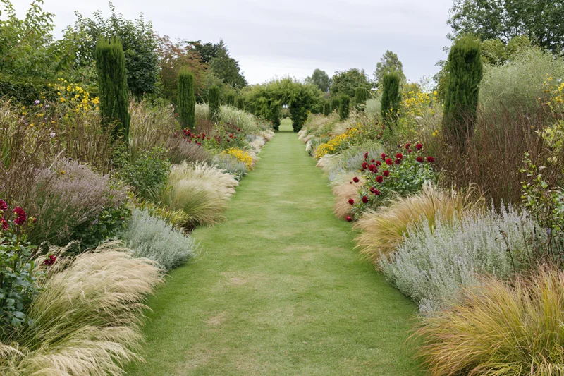 Formal garden path of trimmed green lawn stretching toward a hedge arch, flanked by ornamental grasses and flowering plants