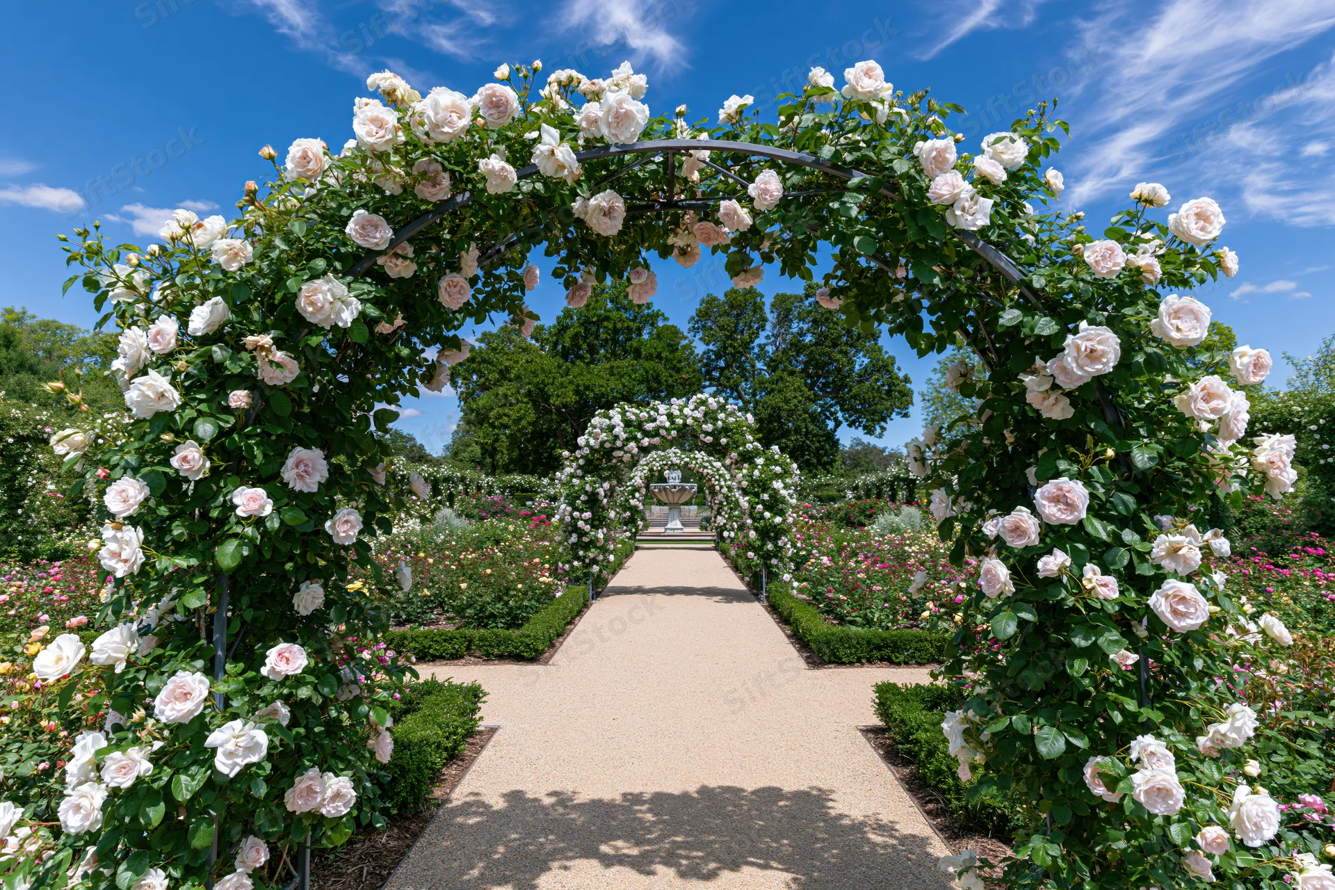 Rose-covered arches framing a gravel pathway in a formal garden under a blue sky