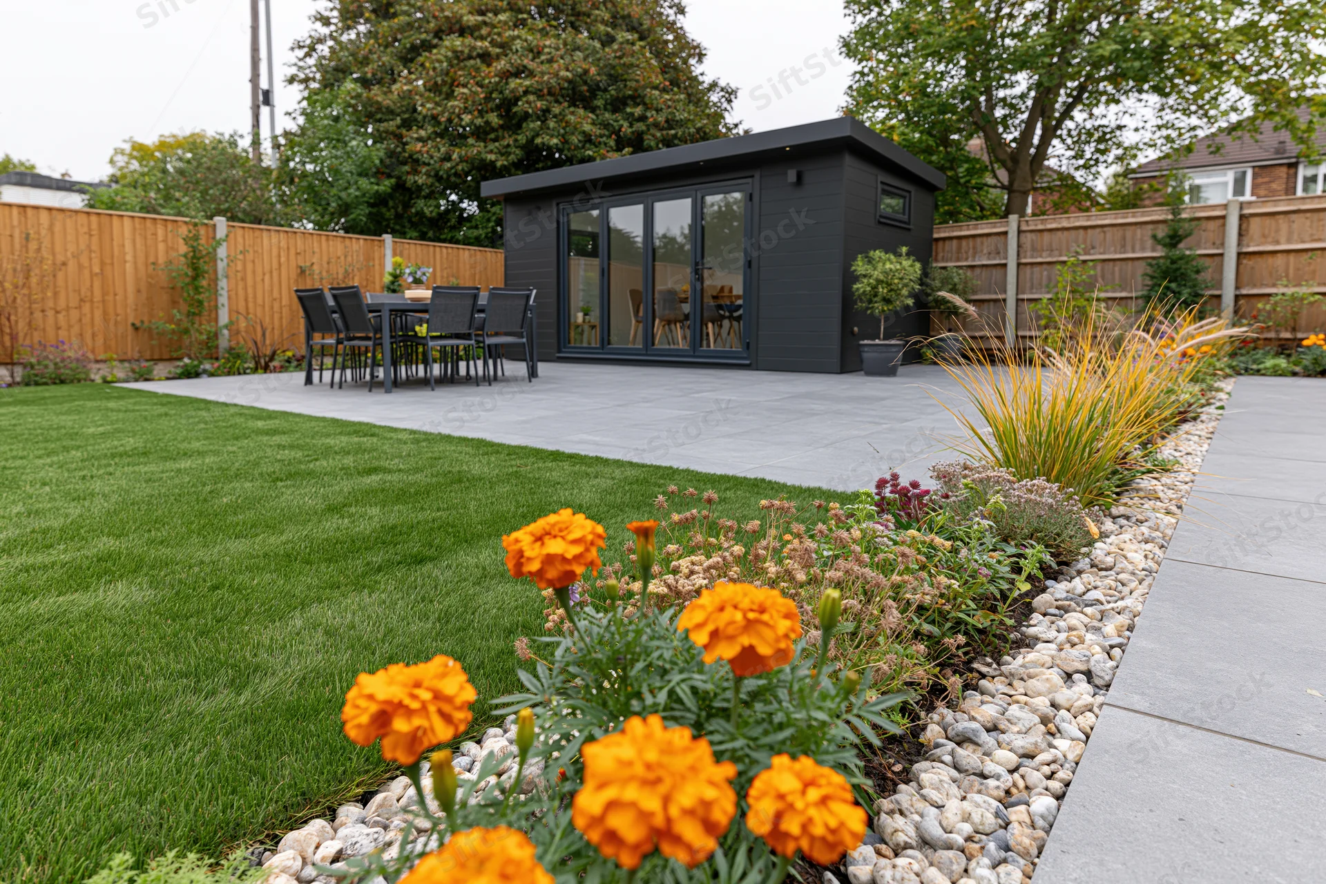 Modern garden with artificial grass, patio, and black shed surrounded by flowers and plants