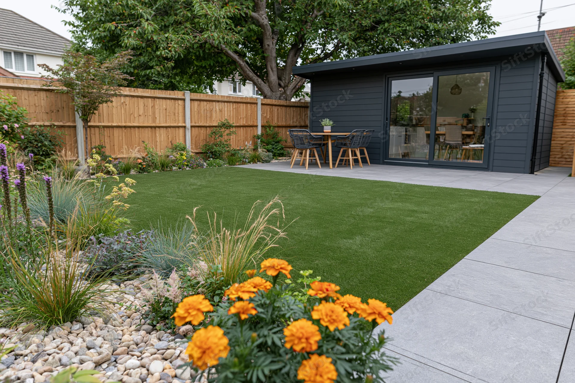 Modern suburban backyard with artificial grass, garden shed, and patio furniture surrounded by landscaped plants and pebbles