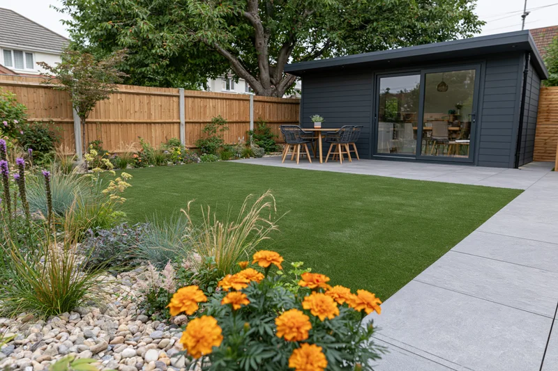 Modern suburban backyard with artificial grass, garden shed, and patio furniture surrounded by landscaped plants and pebbles