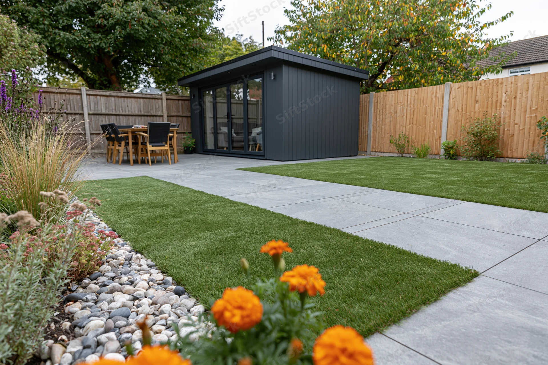 Modern garden with artificial grass, concrete pathway, and black garden shed surrounded by plants and flowers