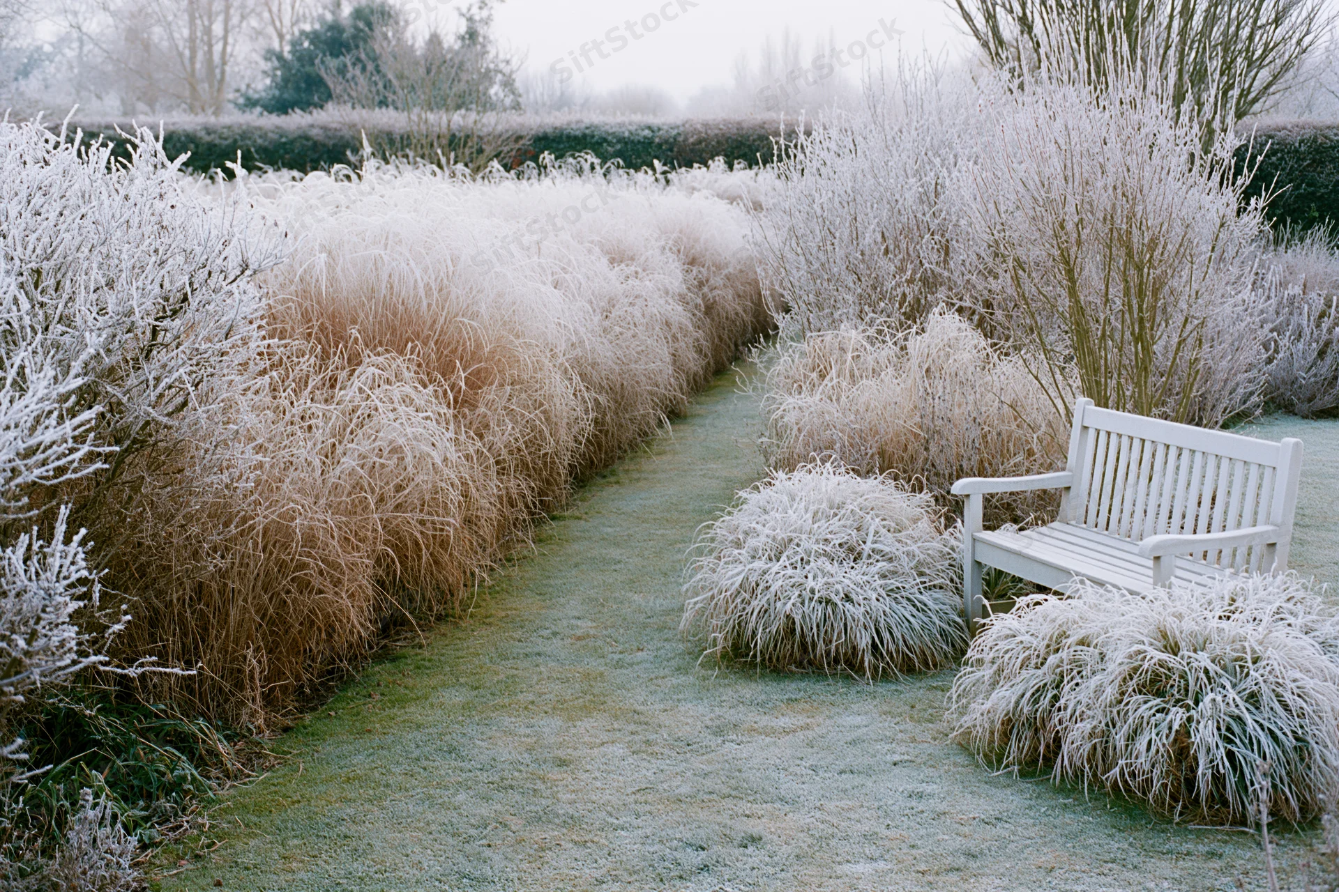 Frost-covered garden path lined with ornamental grasses and shrubs, leading to a white bench in winter