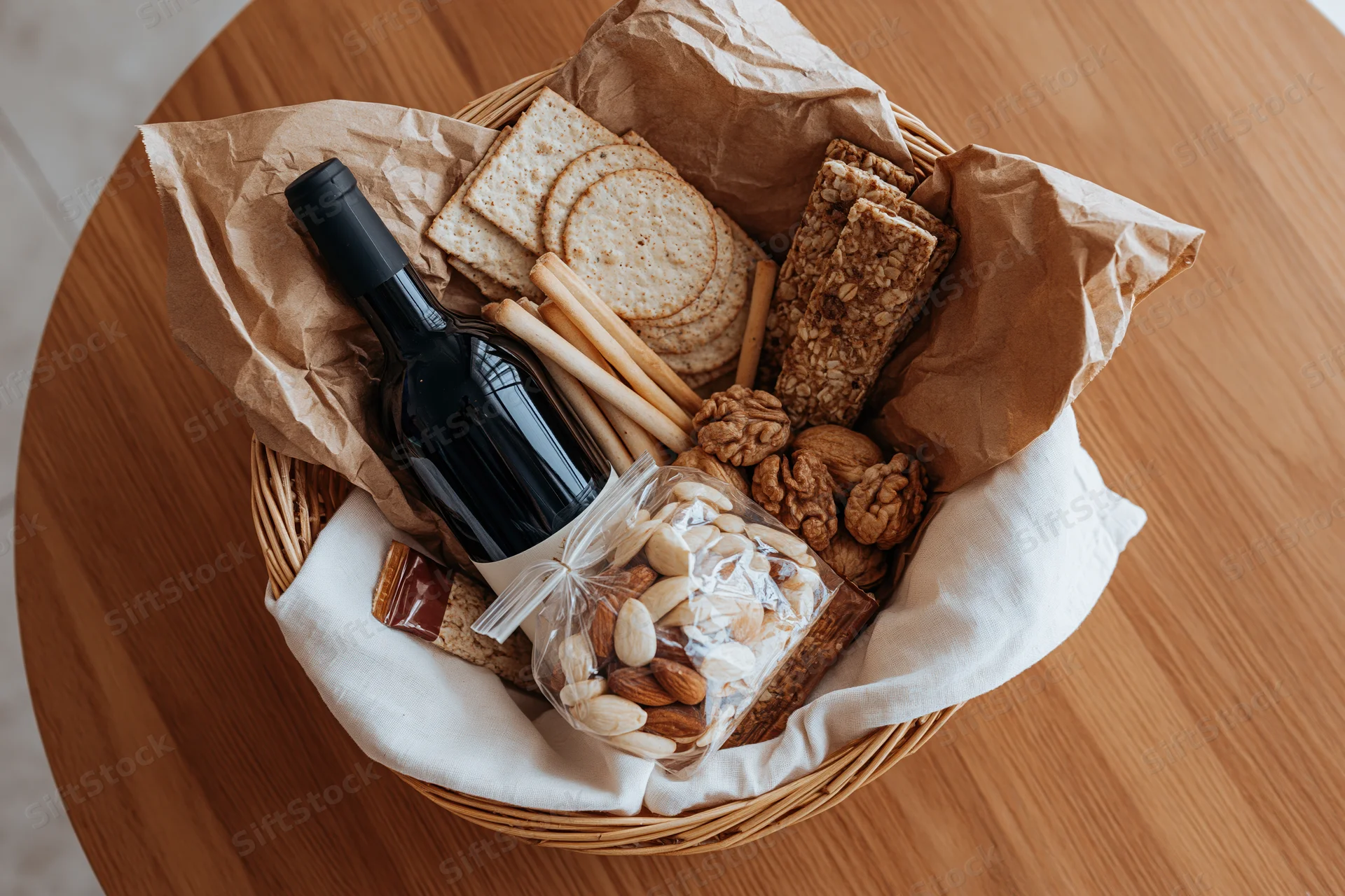 Wicker gift basket filled with wine, crackers, nuts and breadsticks on wooden table