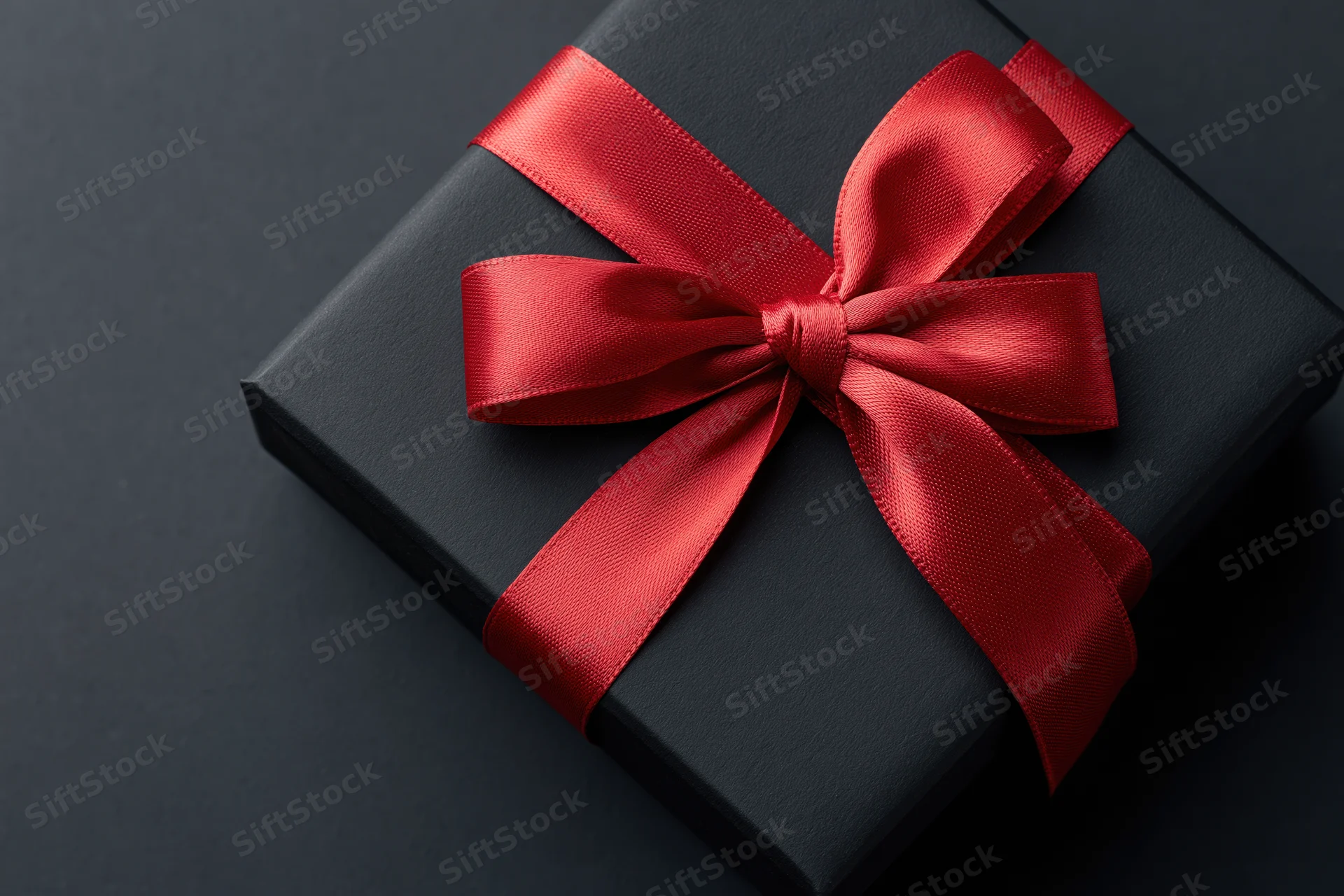 Black gift box with red satin ribbon bow on dark surface