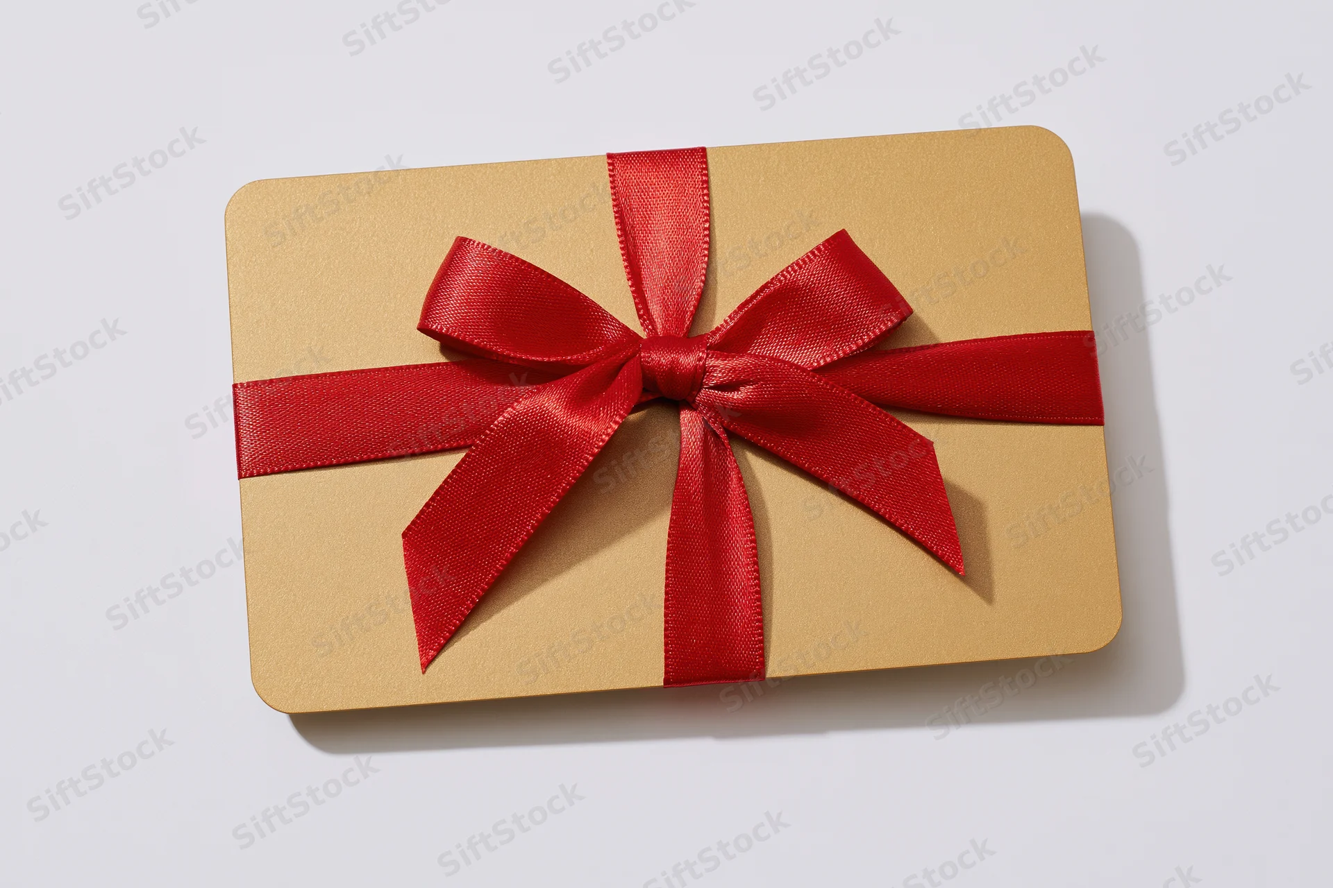 Gold gift card with red satin ribbon and bow on white background