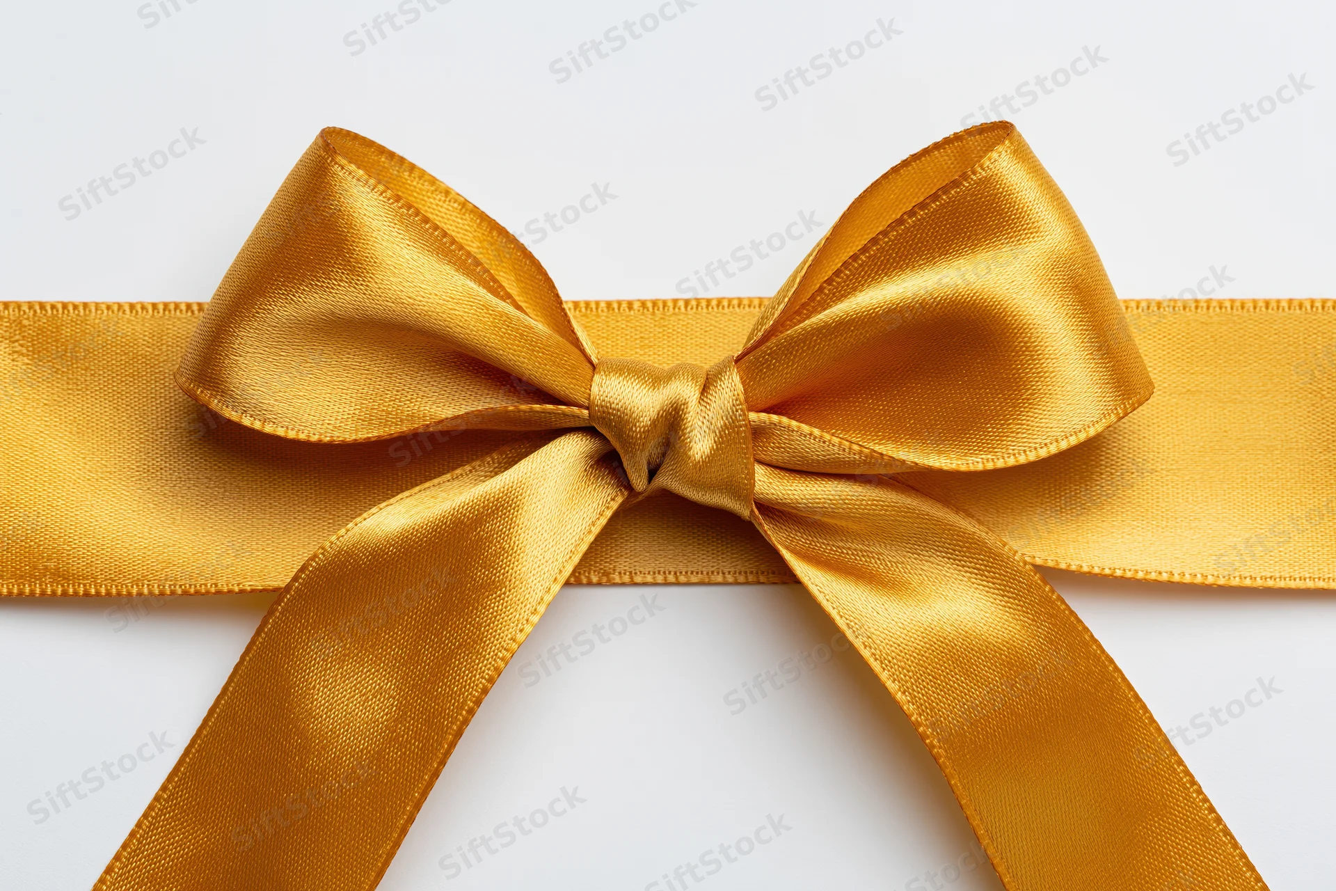 Golden satin ribbon tied into a bow centered on a white background