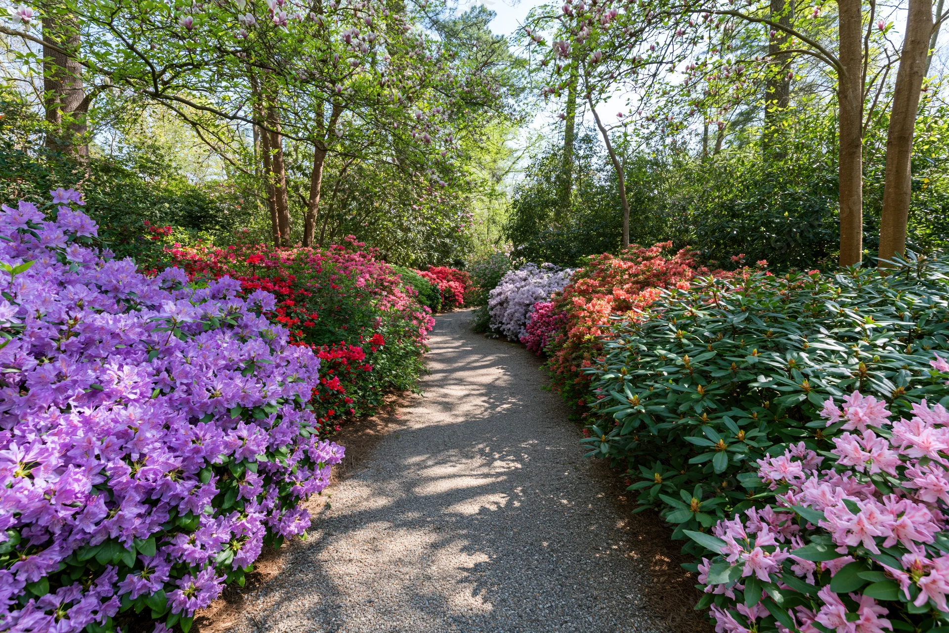 Gravel path winding through blooming rhododendron bushes in a garden