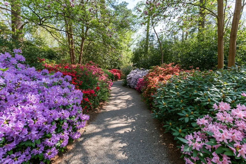 Gravel path winding through blooming rhododendron bushes in a garden