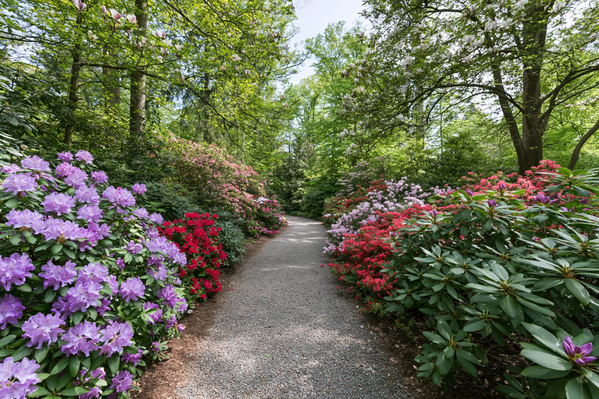 Gravel path winding through blooming rhododendrons in a lush garden