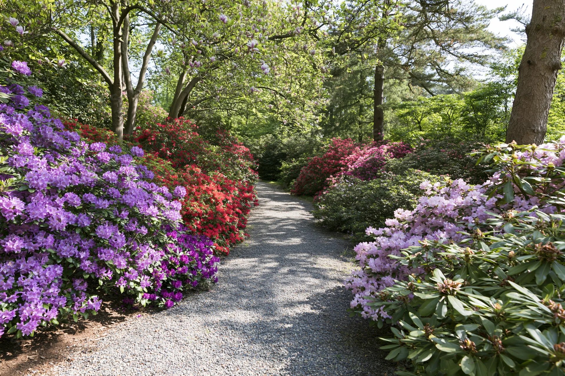 Gravel path winding through blooming rhododendron bushes in a garden