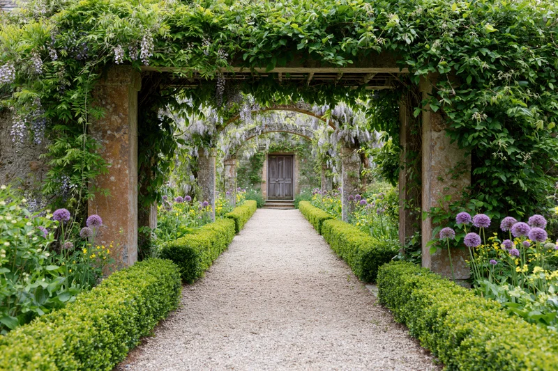 Gravel path lined with hedges and flowering plants under stone arches in a garden