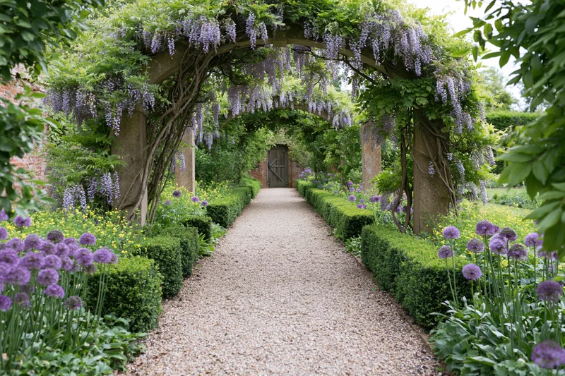 Gravel path leading through stone arches covered in wisteria flowers in a garden