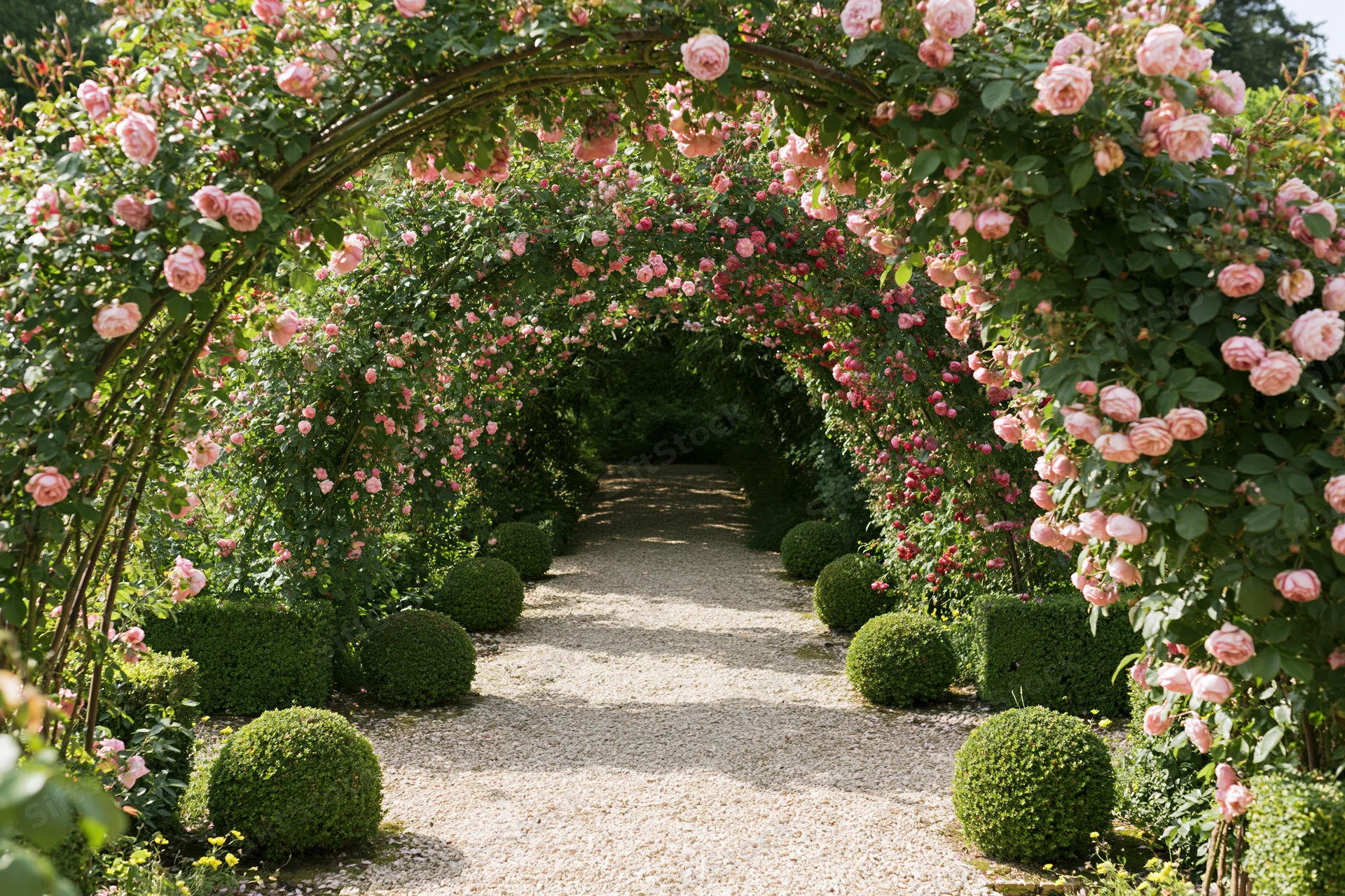 A gravel garden path lined with trimmed boxwood spheres receding under a rose-covered arch