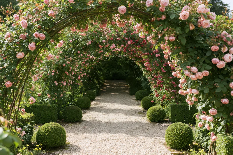 A gravel garden path lined with trimmed boxwood spheres receding under a rose-covered arch