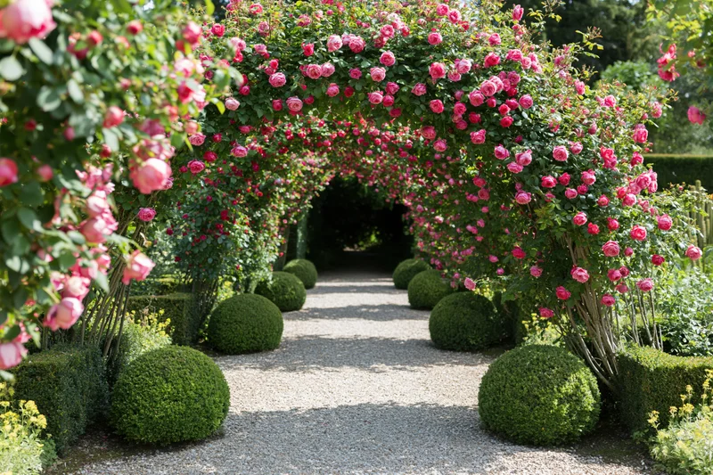 Rose-covered arch over a gravel path lined with trimmed boxwood spheres in a formal garden
