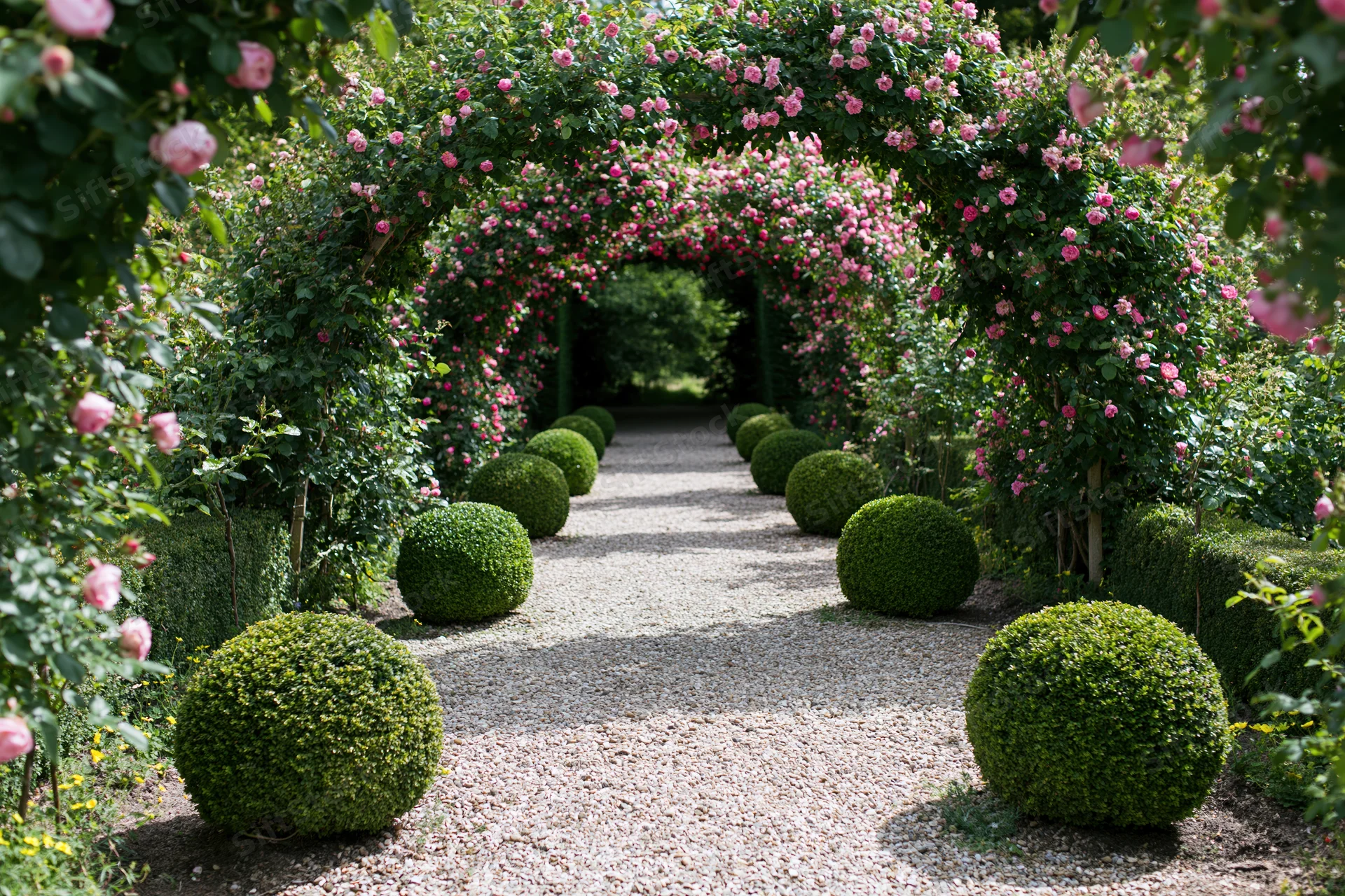 Gravel garden path lined with trimmed boxwood spheres under rose-covered arches