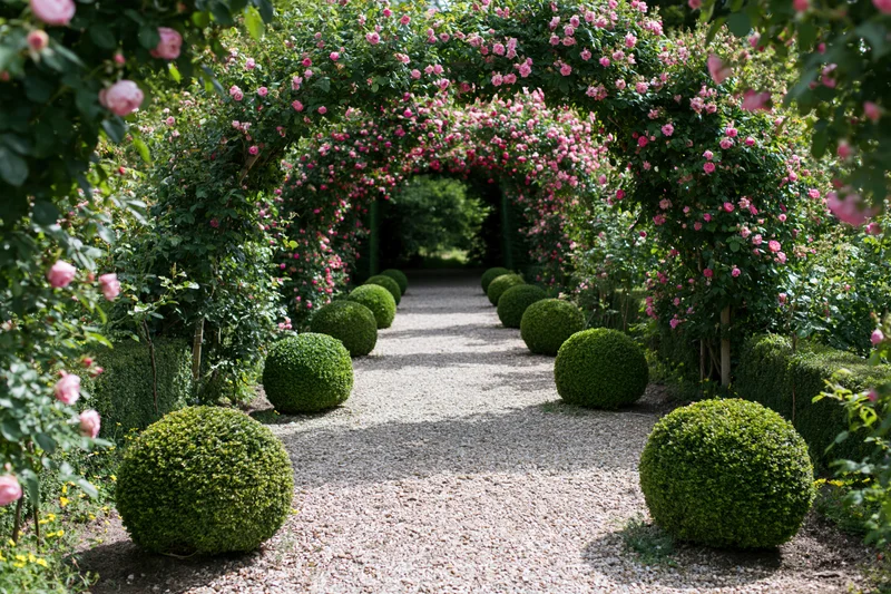 Gravel garden path lined with trimmed boxwood spheres under rose-covered arches