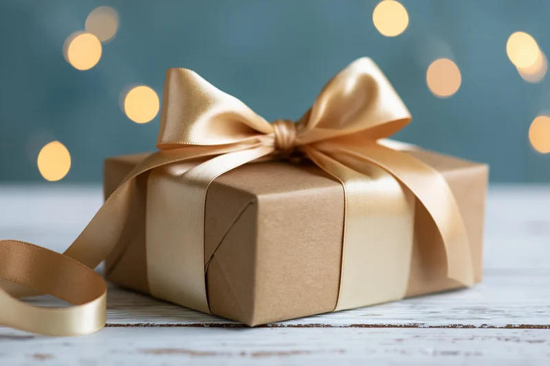Gift box wrapped in kraft paper with champagne satin ribbon on wooden surface against bokeh lights