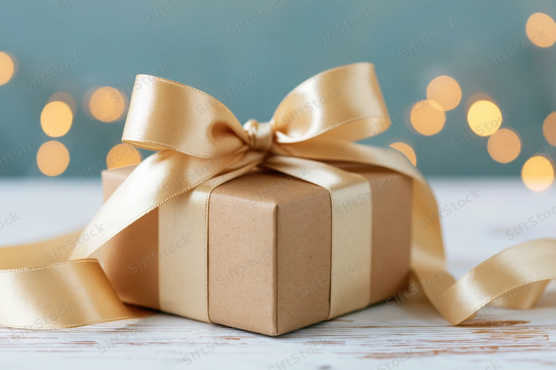 Kraft paper gift box tied with champagne satin ribbon on wooden surface with bokeh lights in background