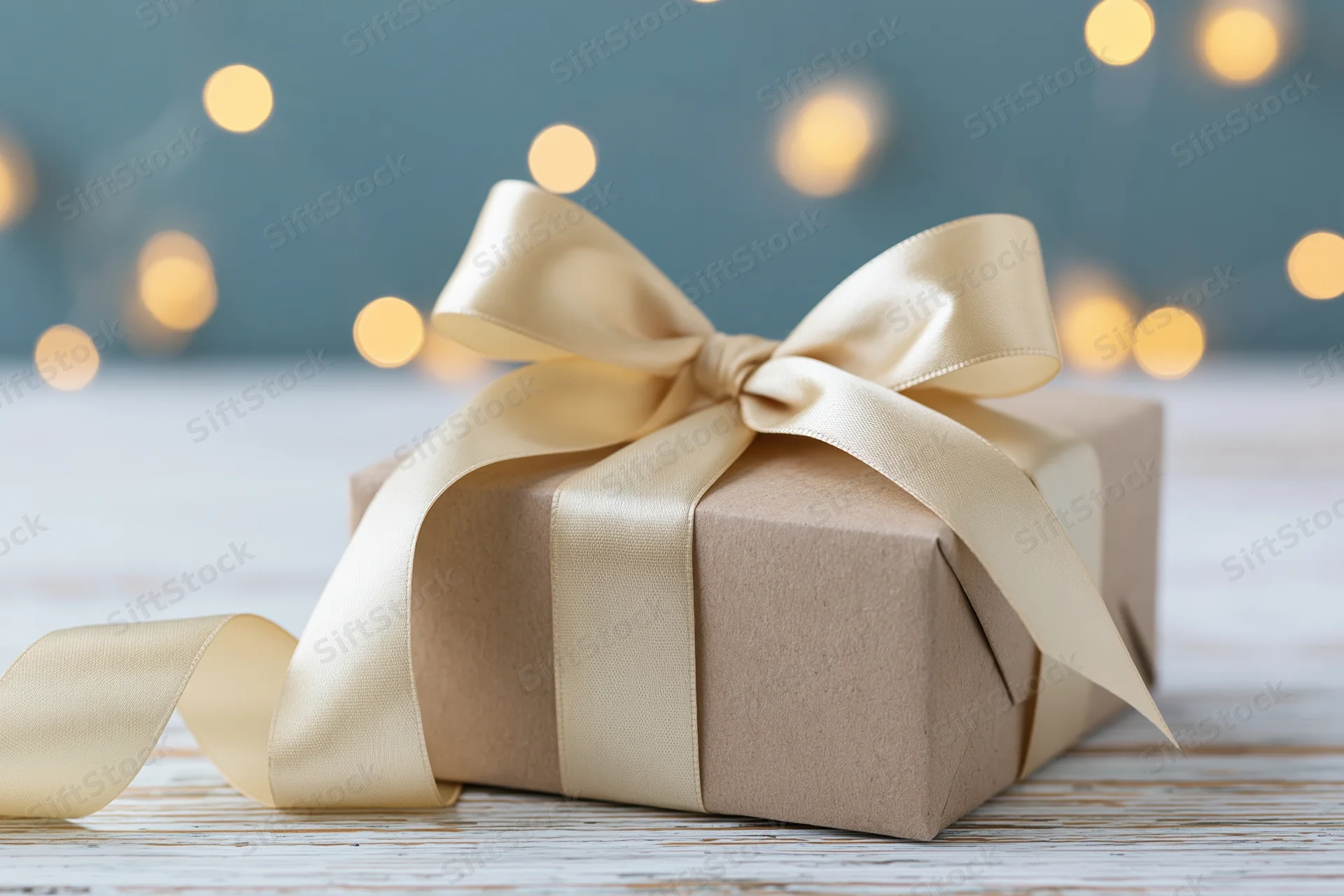 Kraft paper gift box with champagne satin ribbon bow on wooden surface against blurred warm lights