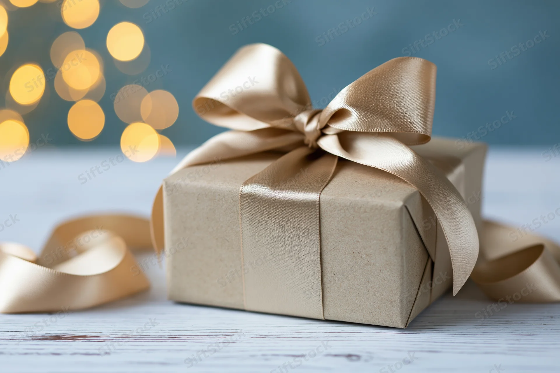 Gift box wrapped in kraft paper with champagne satin ribbon on white wooden surface, bokeh lights in background