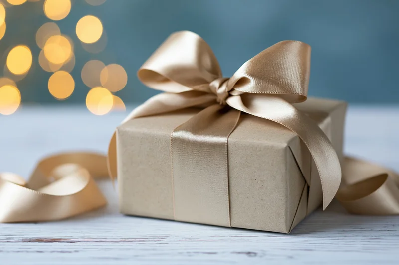 Gift box wrapped in kraft paper with champagne satin ribbon on white wooden surface, bokeh lights in background