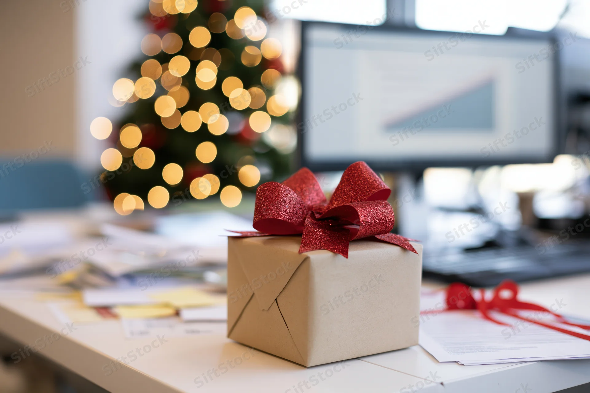 Gift box with red glitter bow on office desk near christmas tree and computer