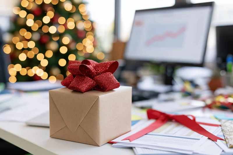 Gift box with red glitter bow on office desk near computer and christmas tree