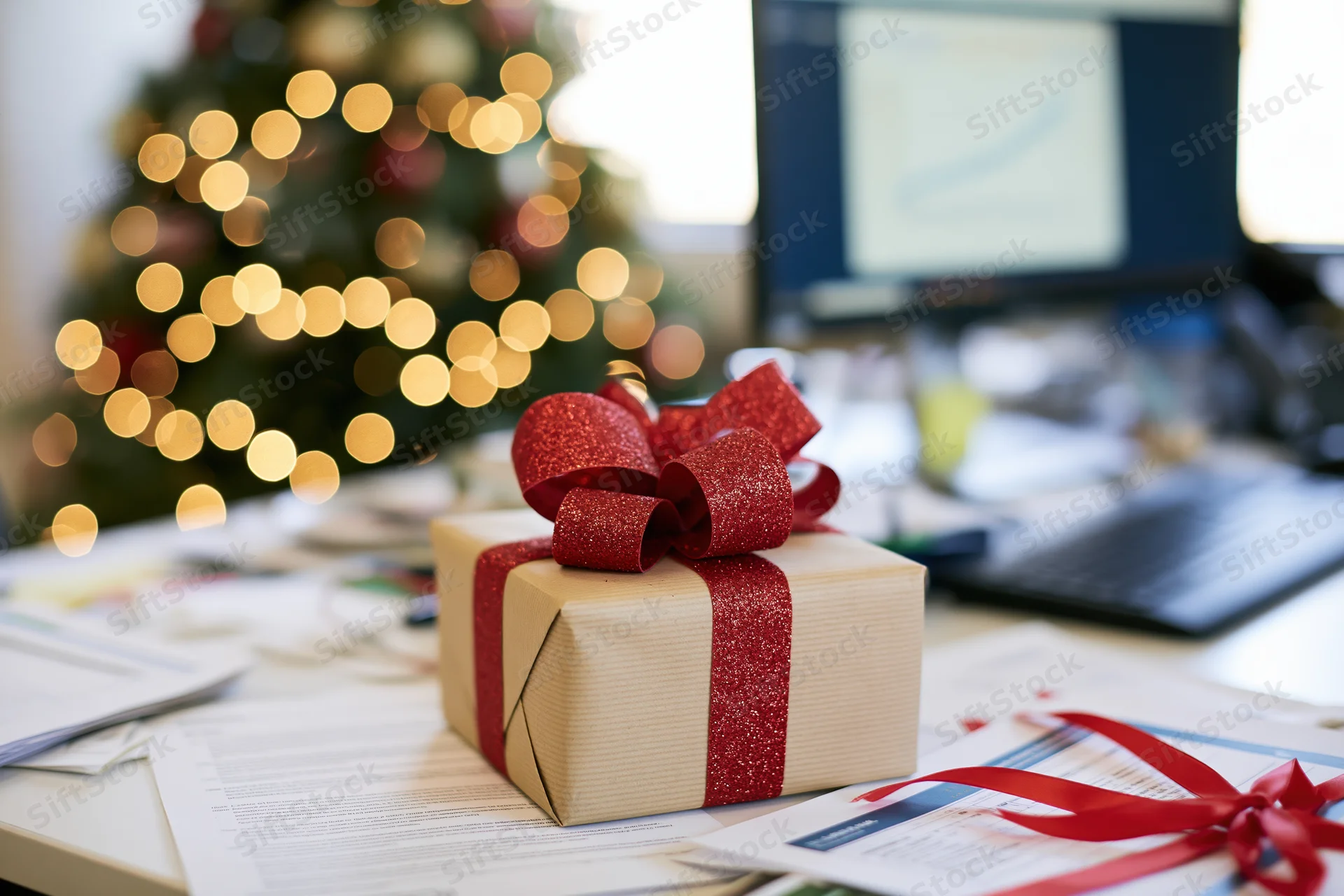 Gift box with red glitter bow on office desk near computer and christmas tree