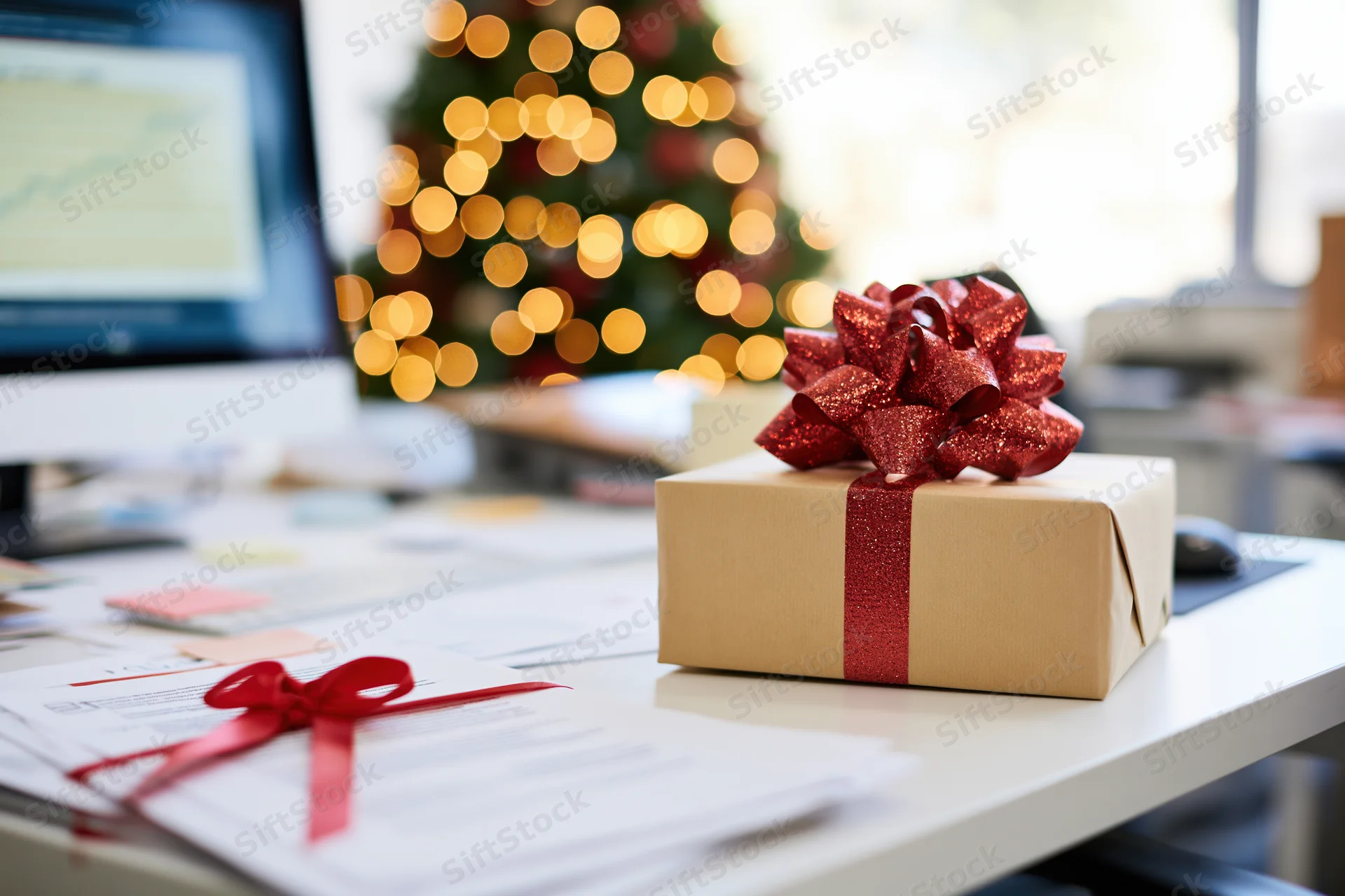Gift box with red glitter bow on office desk near computer with blurred christmas tree in background